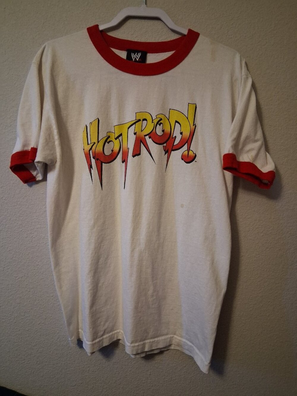 Vintage WWE Rowdy Roddy Piper "Hot Rod!" T-Shirt Large Ringer Red trim AS IS